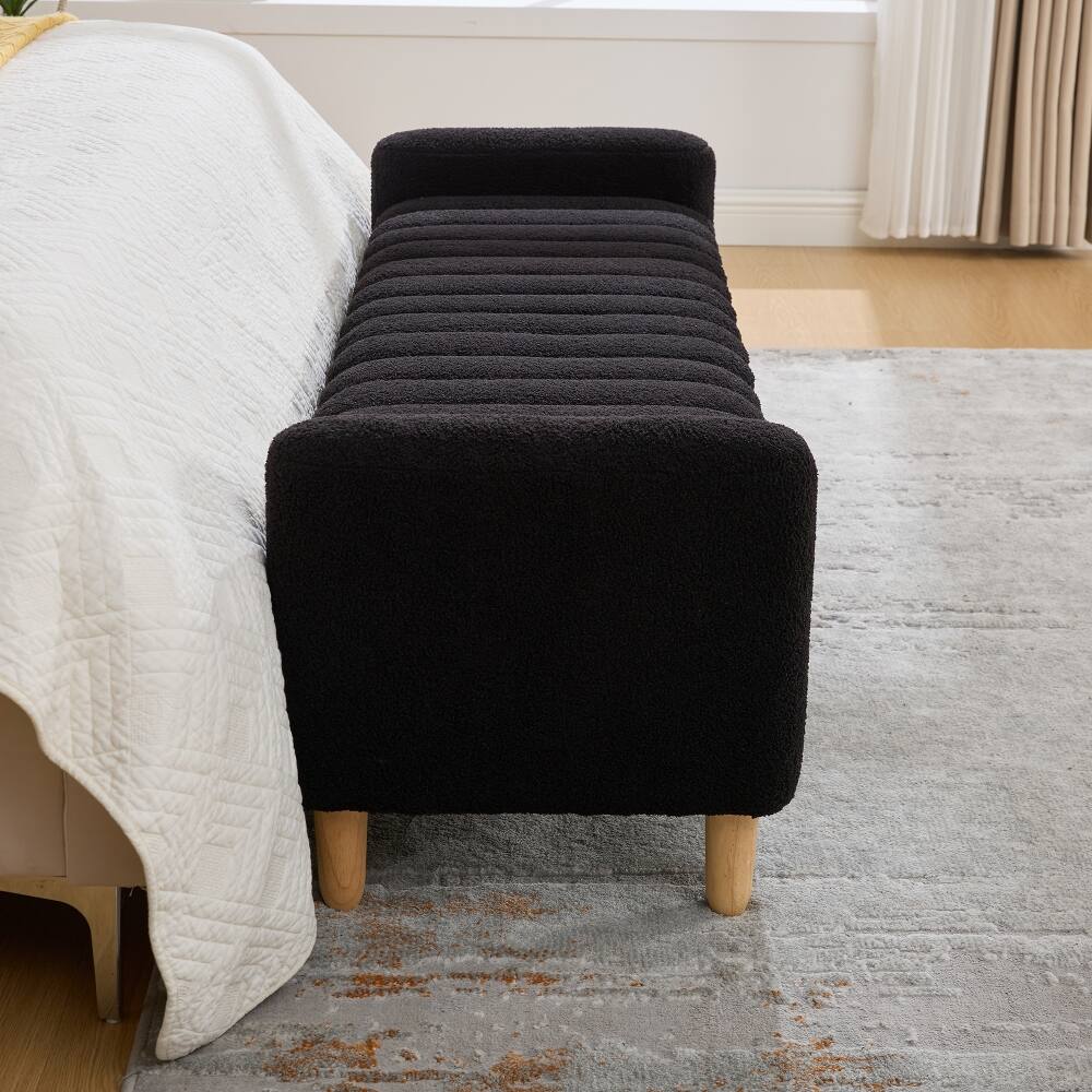 Alt View 2. Ropilly - Ropilly Black Upholstered Storage Bench, Teddy Fabric End of Bed Bench with Armrests and Wood Legs for Entryway - Black.