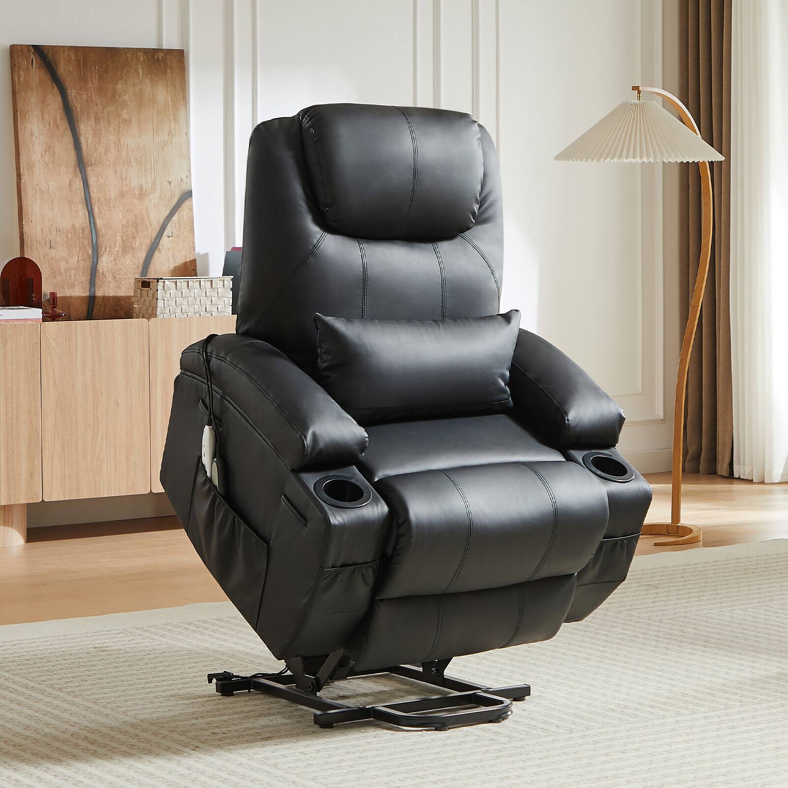 Left. Bestier - 34.6'' Electric Power Lift Asist Recliner Chair with Massage and Heat, Fax Leather Reclining Chair with Cup Holders - Black.