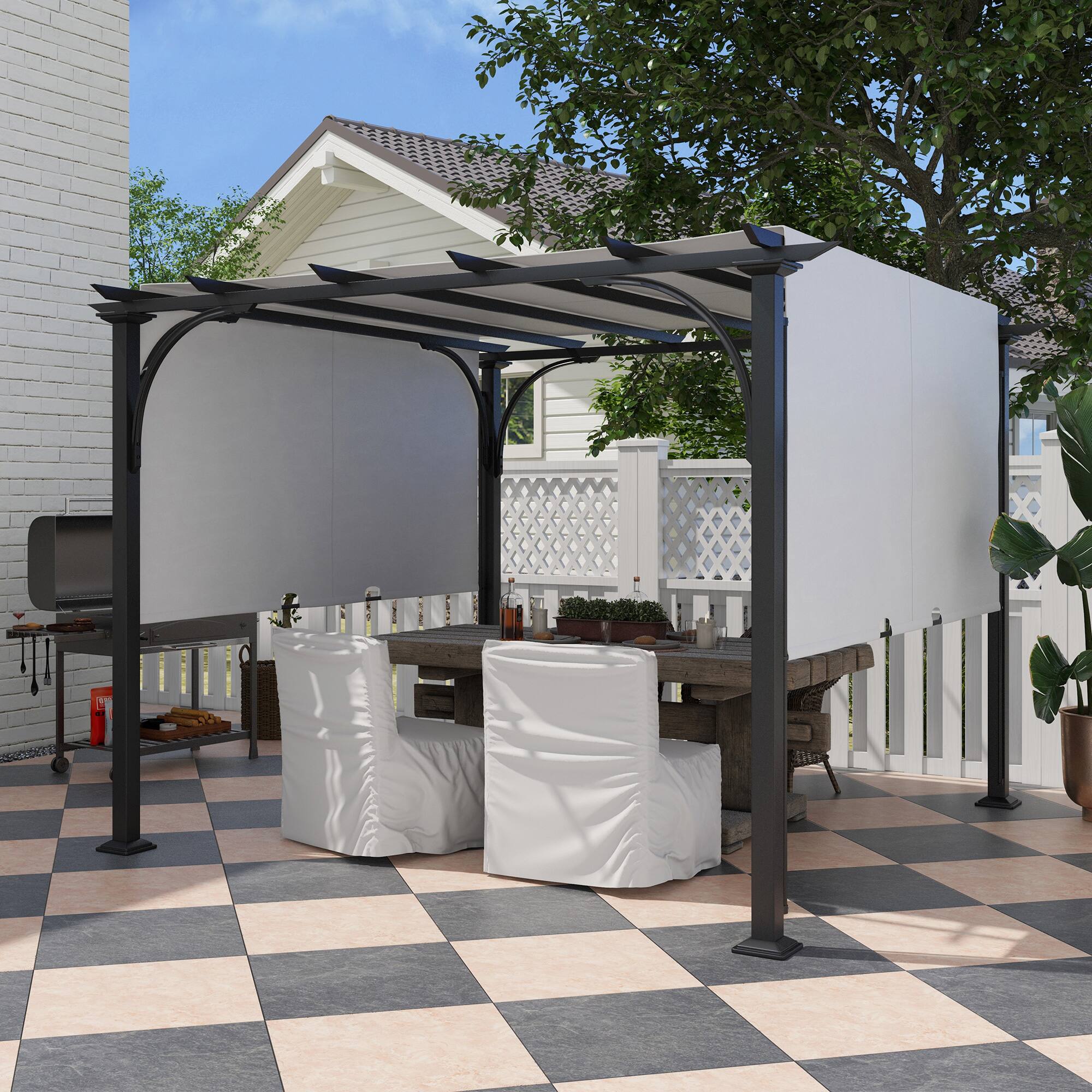 Angle. Outsunny - 10' x 10' Patio Pergola with Weather-Resistant Steel Frame, Backyard Sun Shade Canopy Cover Shelter - White.