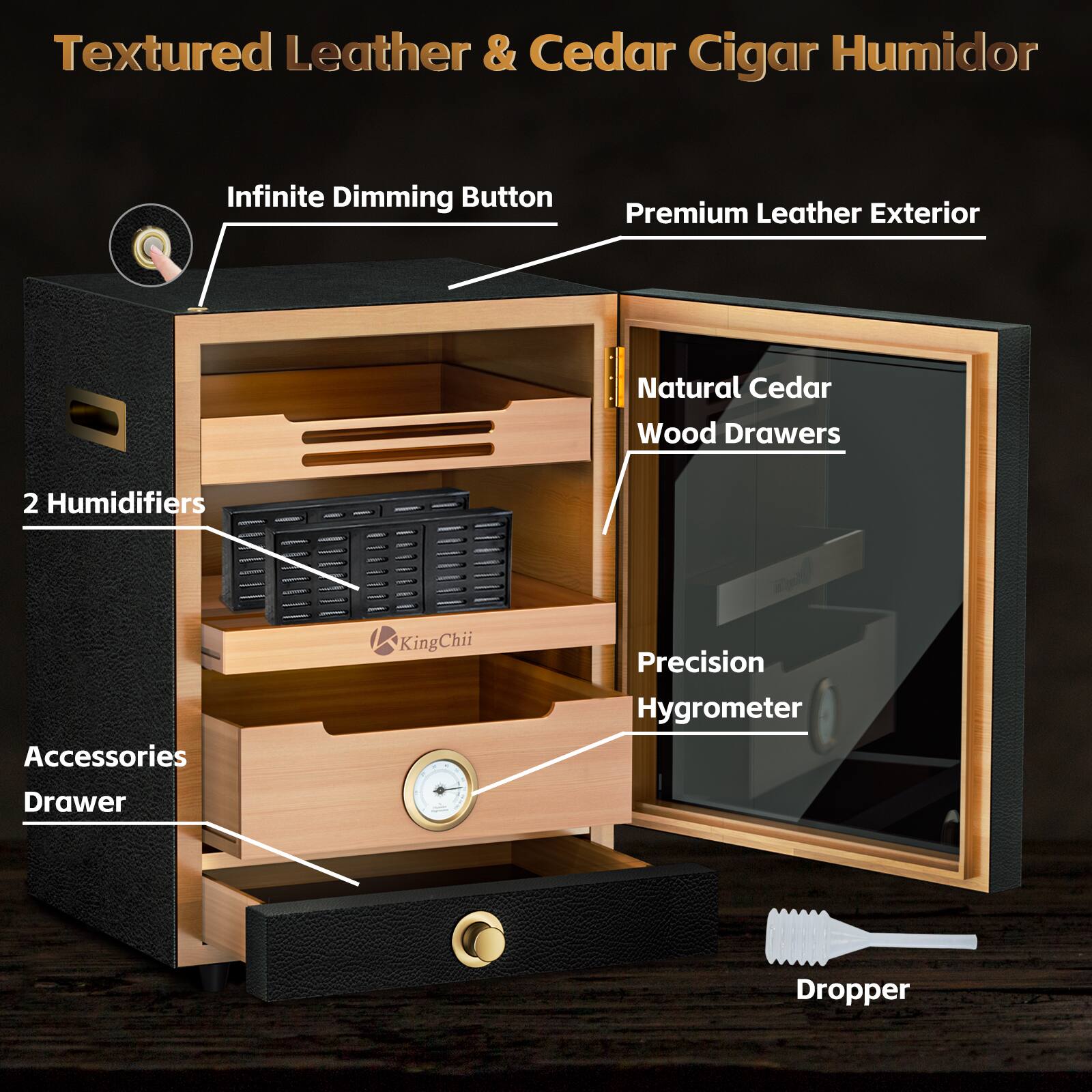 Textured Leather & Cedar Cigar Humidor

- Infinite Dimming Button
- Premium Leather Exterior
- Natural Cedar Wood Drawers
- 2 Humidifiers
- Accessories Drawer
- Precision Hygrometer
- Dropper
