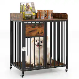 WELLFOR - 27.5 In Dog Crate Furniture with Wheels for Small Dogs, 2-in-1 Wooden Puppy Kennel with Large Tabletop - Rustic Brown