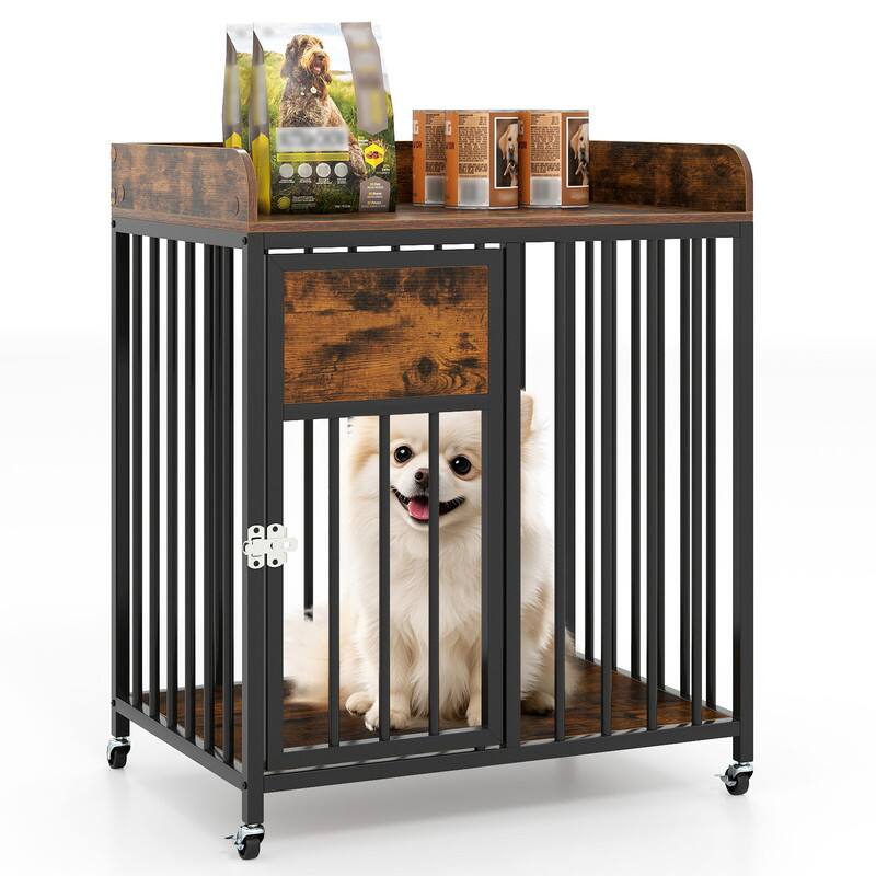Front. WELLFOR - 27.5 In Dog Crate Furniture with Wheels for Small Dogs, 2-in-1 Wooden Puppy Kennel with Large Tabletop - Rustic Brown.