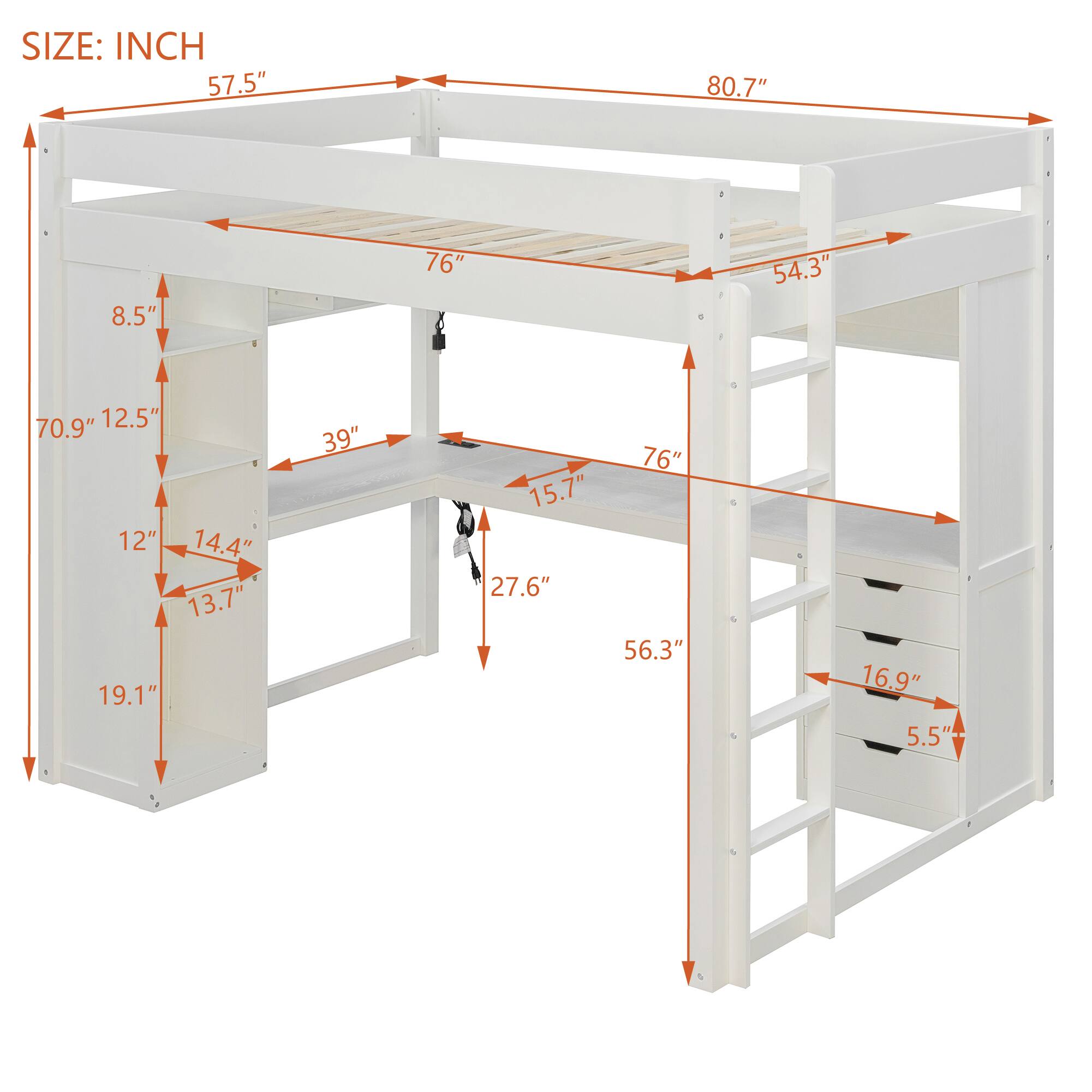 SIZE: INCH  
57.5" 80.7" 8.5" 76" 54.3" 70.9" 12.5" 12" 14.4" 13.7" 19.1" 39" 76" 15.7" 27.6" 56.3" 16.9" 5.5"