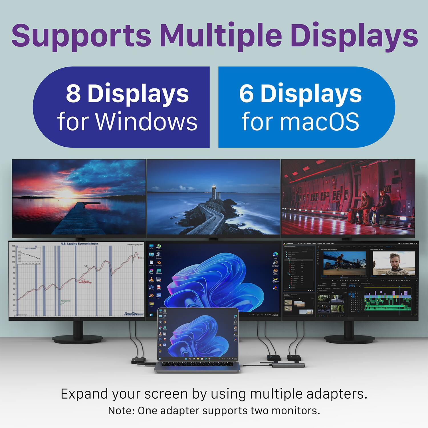 Supports Multiple Displays 8 Displays for Windows 6 Displays for macOS - Expand your screen by using multiple adapters. Note: One adapter supports two monitors.
