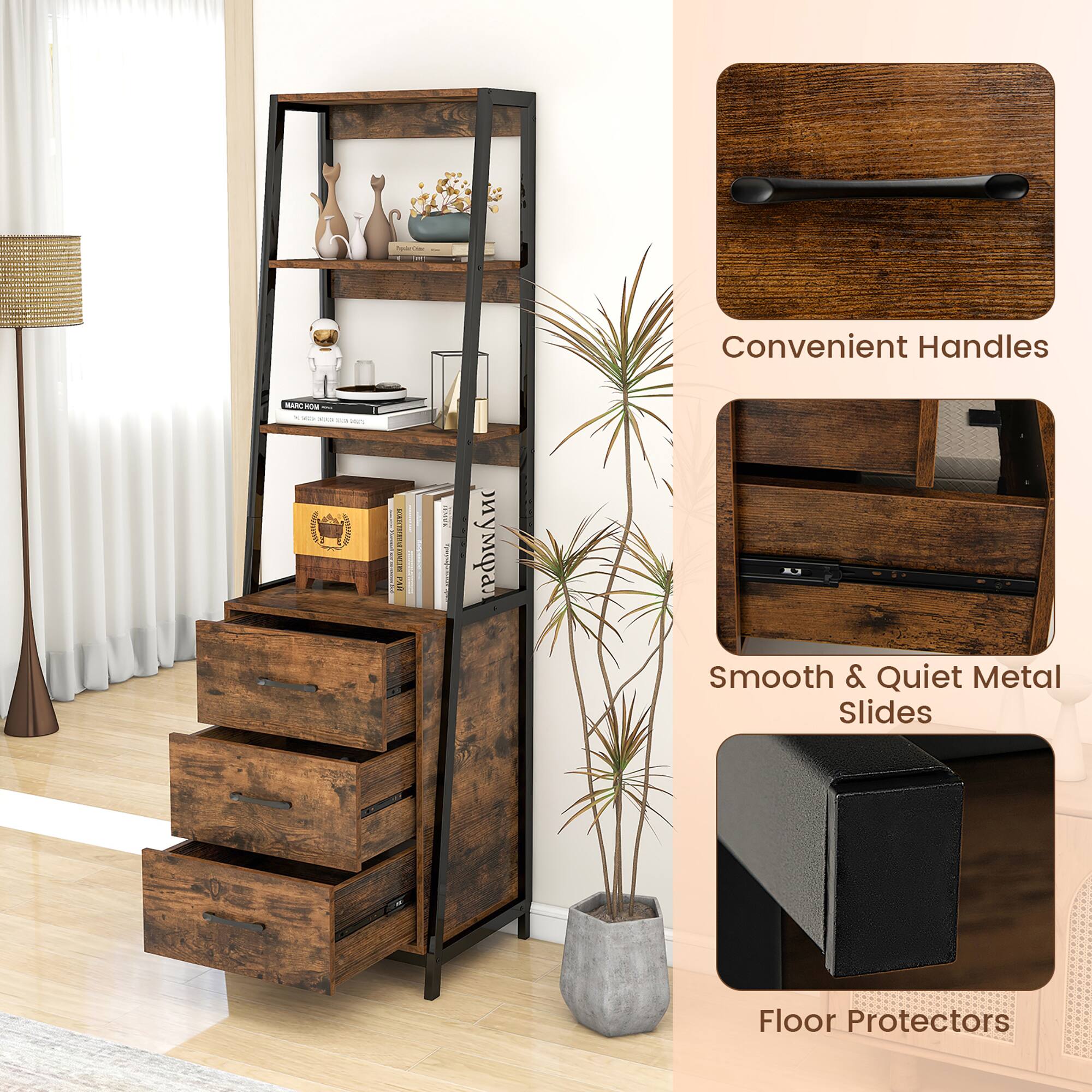Gymax Ladder Bookshelf Tall Bookcase w/ 3 Open Shelves Printer