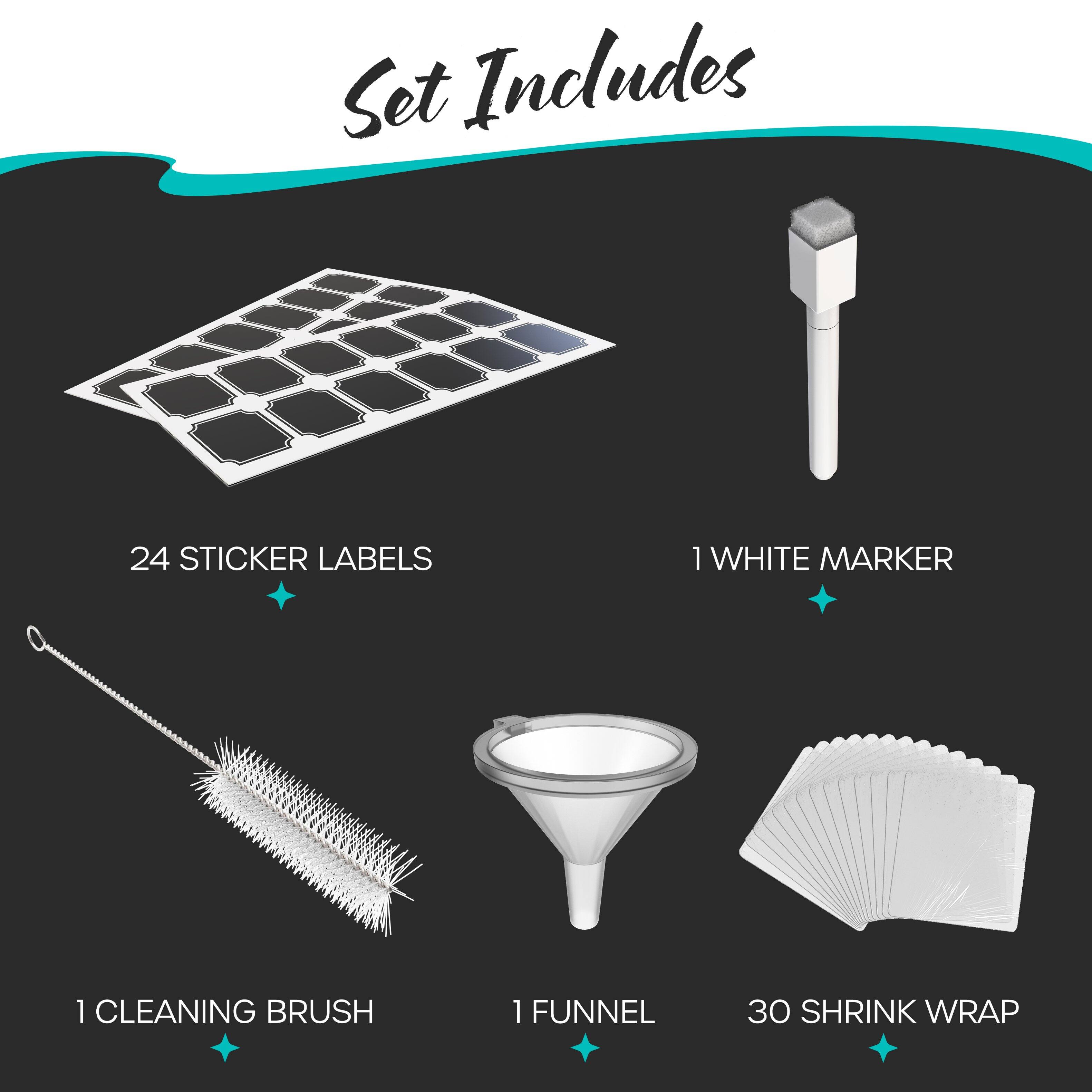 Set Includes

- 24 STICKER LABELS
- 1 WHITE MARKER
- 1 CLEANING BRUSH
- 1 FUNNEL
- 30 SHRINK WRAP