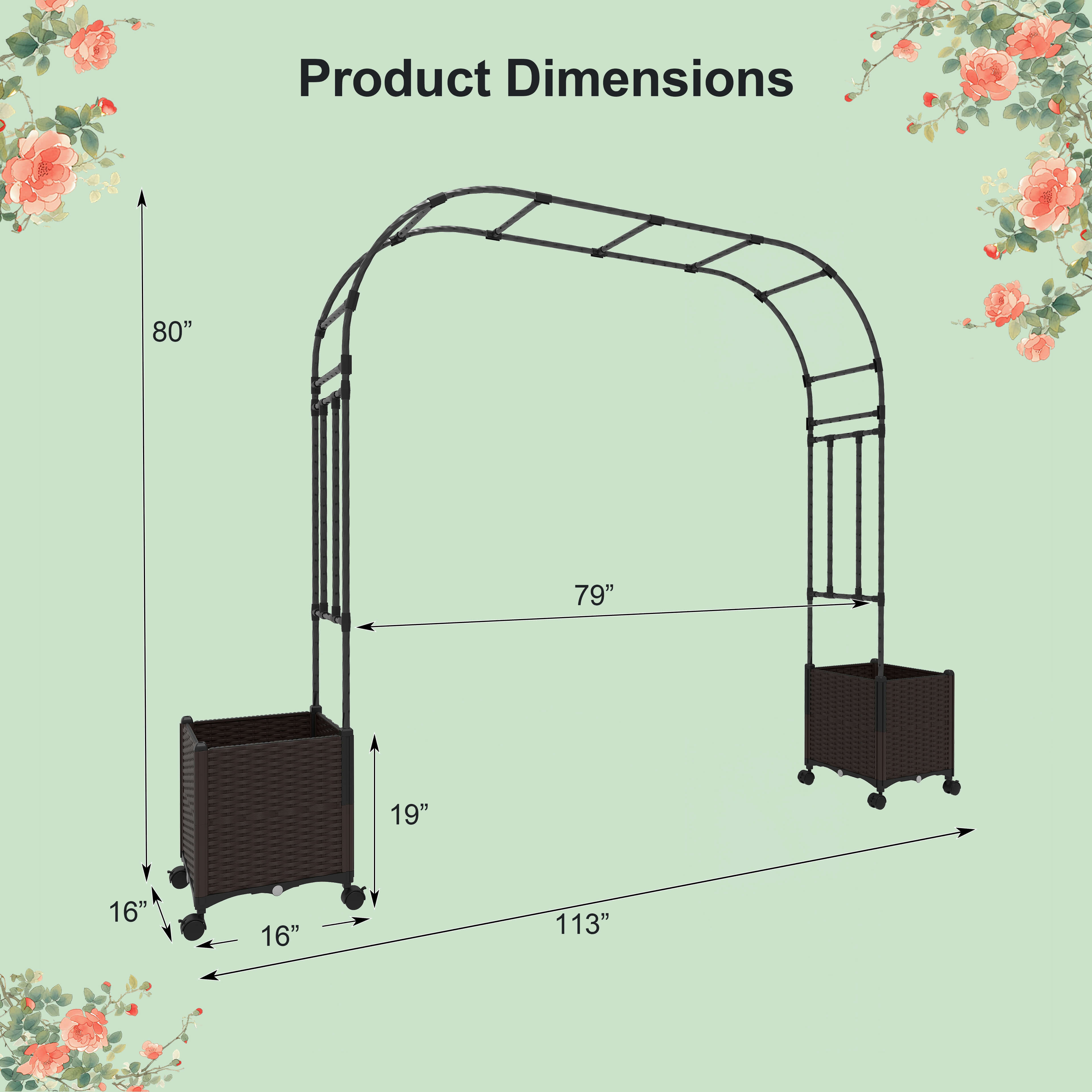 Product Dimensions

- Height: 80"
- Width: 113"
- Depth: 19"
- Base Dimensions: 16" x 16"
- Side Height: 79"