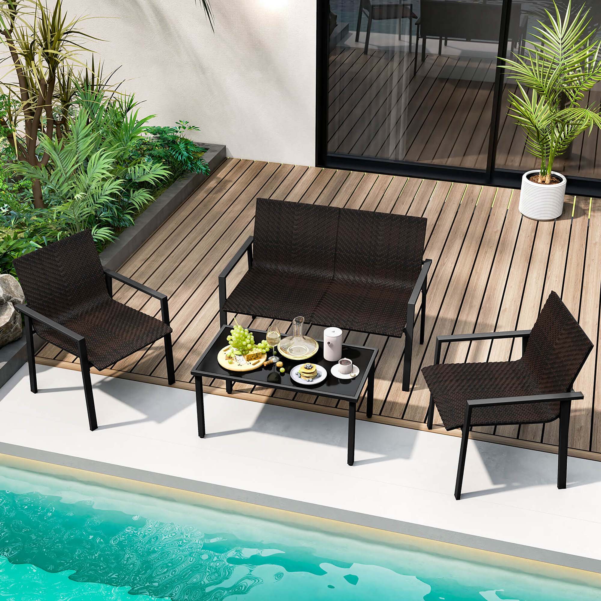 Alt View 1. Costway - 4 PCS Outdoor Wicker Patio Furniture Set with Heavy-Duty Galvanized Metal Frame - Mix Brown.