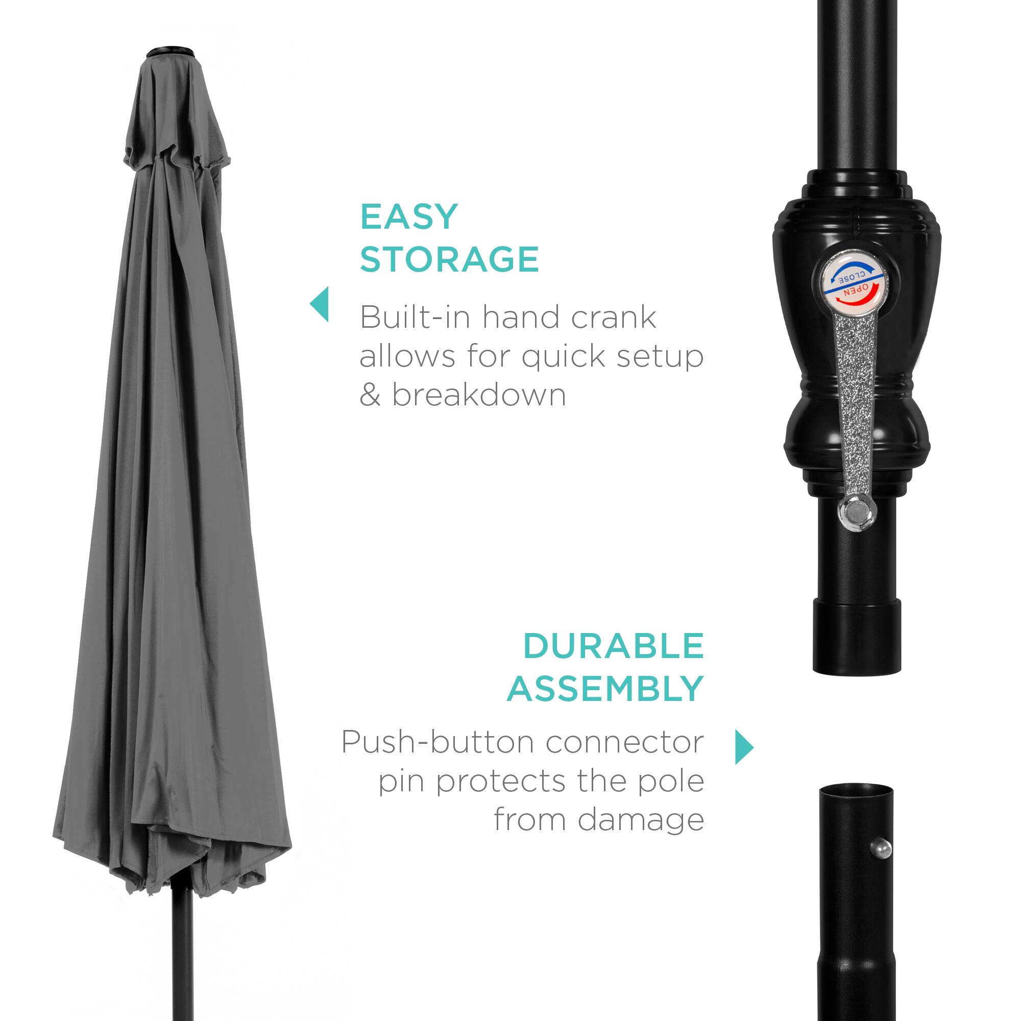 EASY STORAGE  
Built-in hand crank allows for quick setup & breakdown  

DURABLE ASSEMBLY  
Push-button connector pin protects the pole from damage