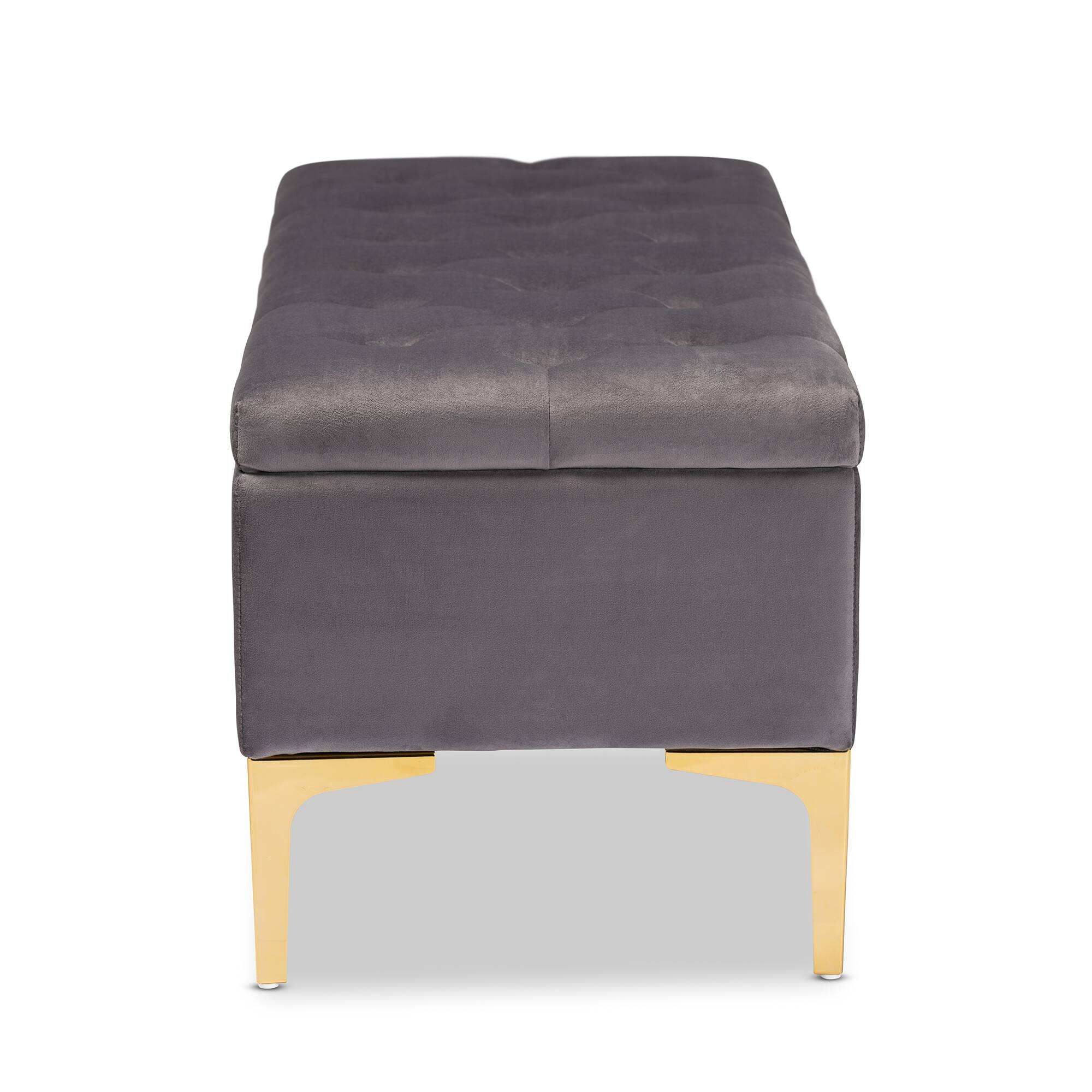 Back. Baxton Studio - Valere Glam and Luxe Velvet Fabric Upholstered Gold Finished Button Tufted Storage Ottoman - Grey/Gold.