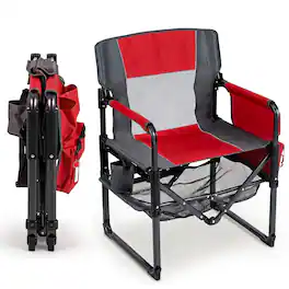 Gymax - Outdoor Camping Chair for Adults Heavy Duty Lawn Chair w/Cup Holder&Side Pocket Gray - Red
