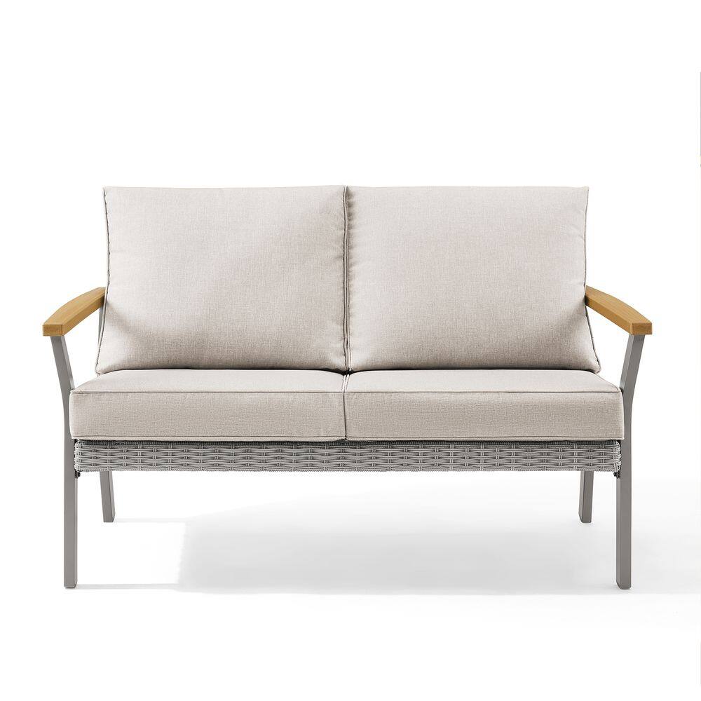 Left. Songmics Home - Sencillo Collection - Outdoor Steel Loveseat 2-Seat Sofa Bone Color - Gray.