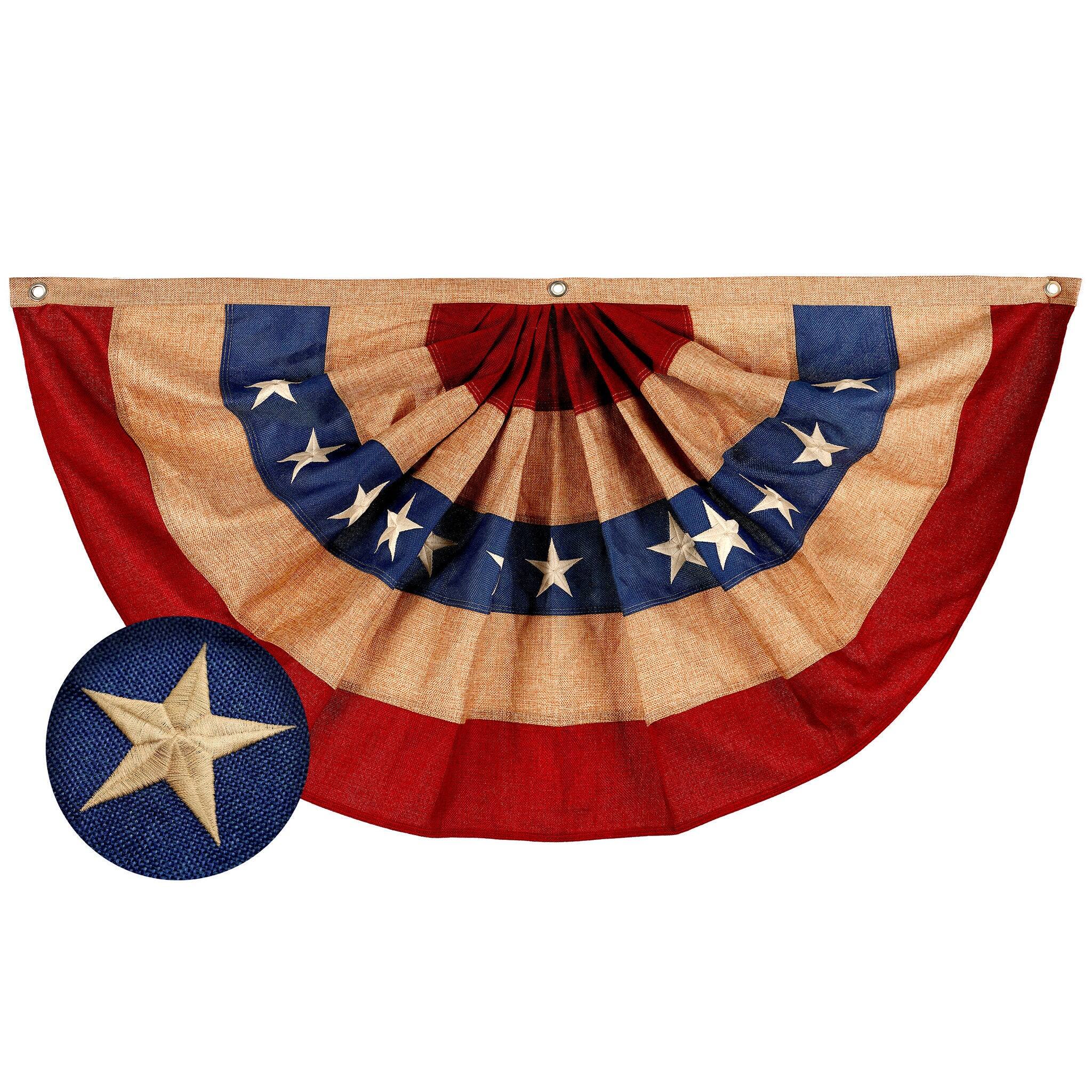 Front. G128 - G128 USA Tea Stained Pleated Fan Flag 2x4FT Burlap Embroidered Polyester Stars and Stripes - Red, white, blue (tea stained).