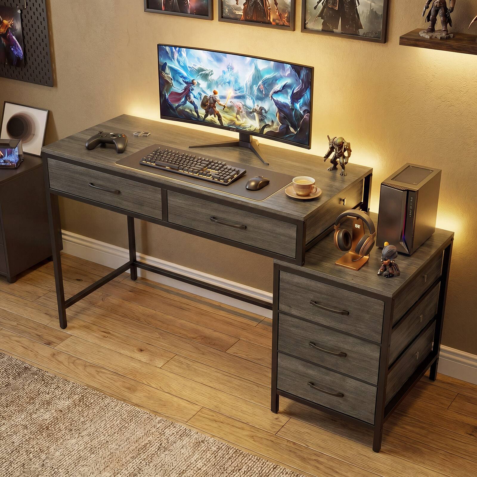 Alt View 5. Costway - Costway Computer Desk with 5 Drawers, 51 Inch Home Office Desk with Reversible Drawers - Oak.