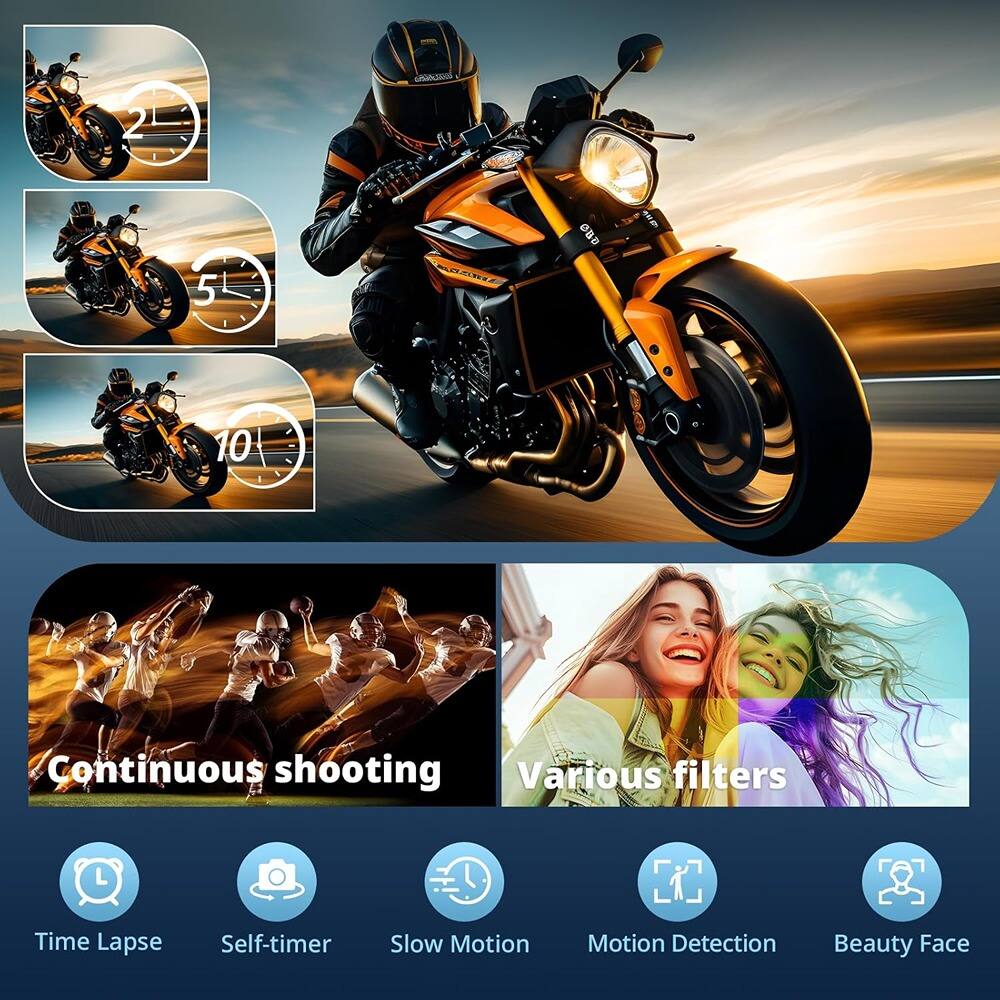 - Continuous shooting
  - 2
  - 5
  - 10

- Various filters

- Time Lapse
- Self-timer
- Slow Motion
- Motion Detection
- Beauty Face