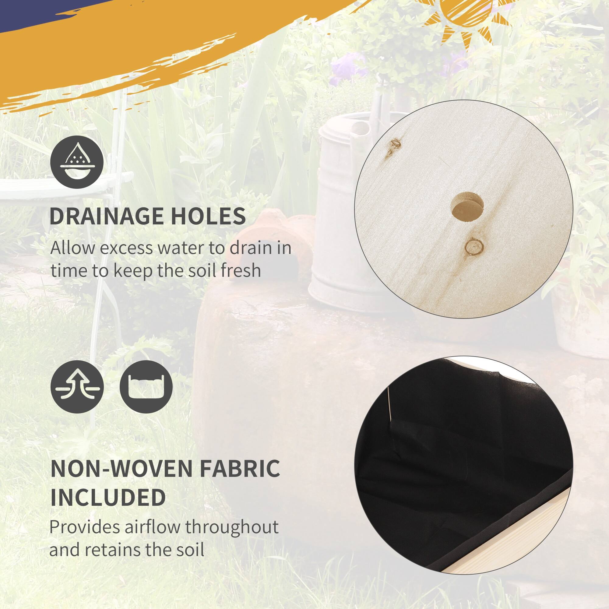 DRAINAGE HOLES
Allow excess water to drain in time to keep the soil fresh

NON-WOVEN FABRIC INCLUDED
Provides airflow throughout and retains the soil