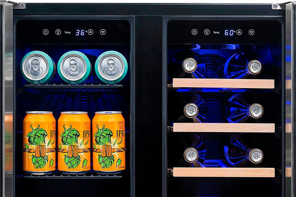 The image shows a refrigerator with two compartments. The first compartment contains a variety of canned beverages, including a six-pack of IPA, while the second compartment is filled with wine bottles. The temperature in the first compartment is set at 36 degrees, while the second compartment is set at 60 degrees.