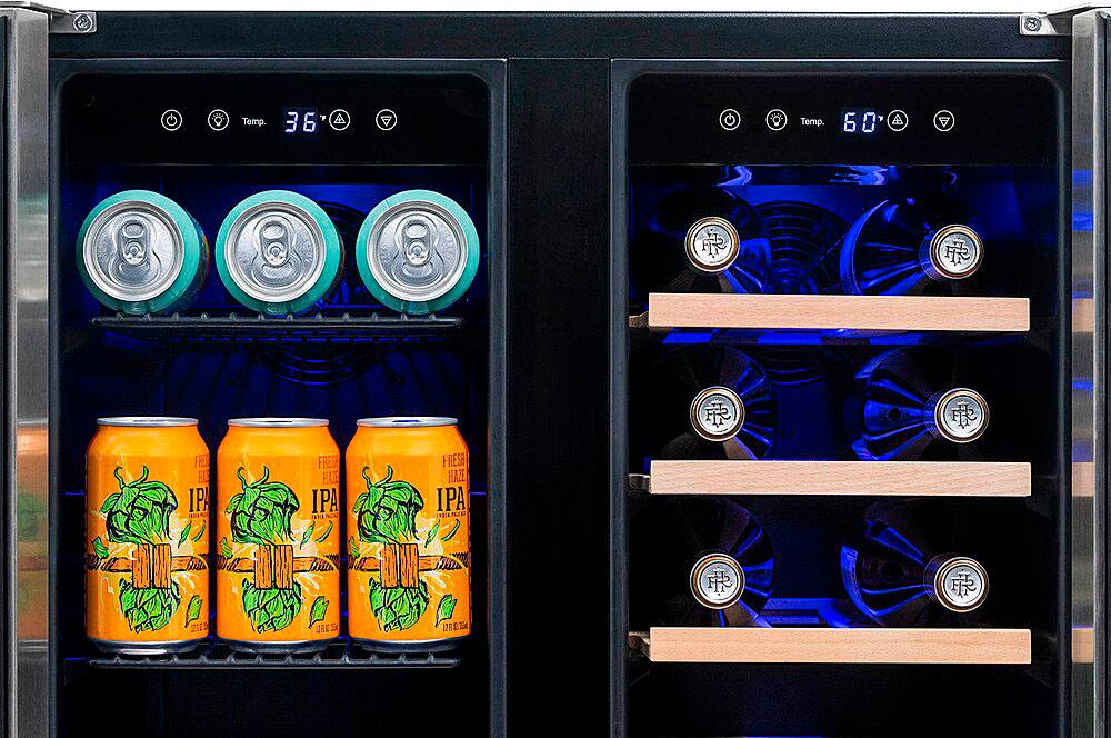 The image shows a refrigerator with two compartments. The first compartment contains a variety of canned beverages, including a six-pack of IPA, while the second compartment is filled with wine bottles. The temperature in the first compartment is set at 36 degrees, while the second compartment is set at 60 degrees.