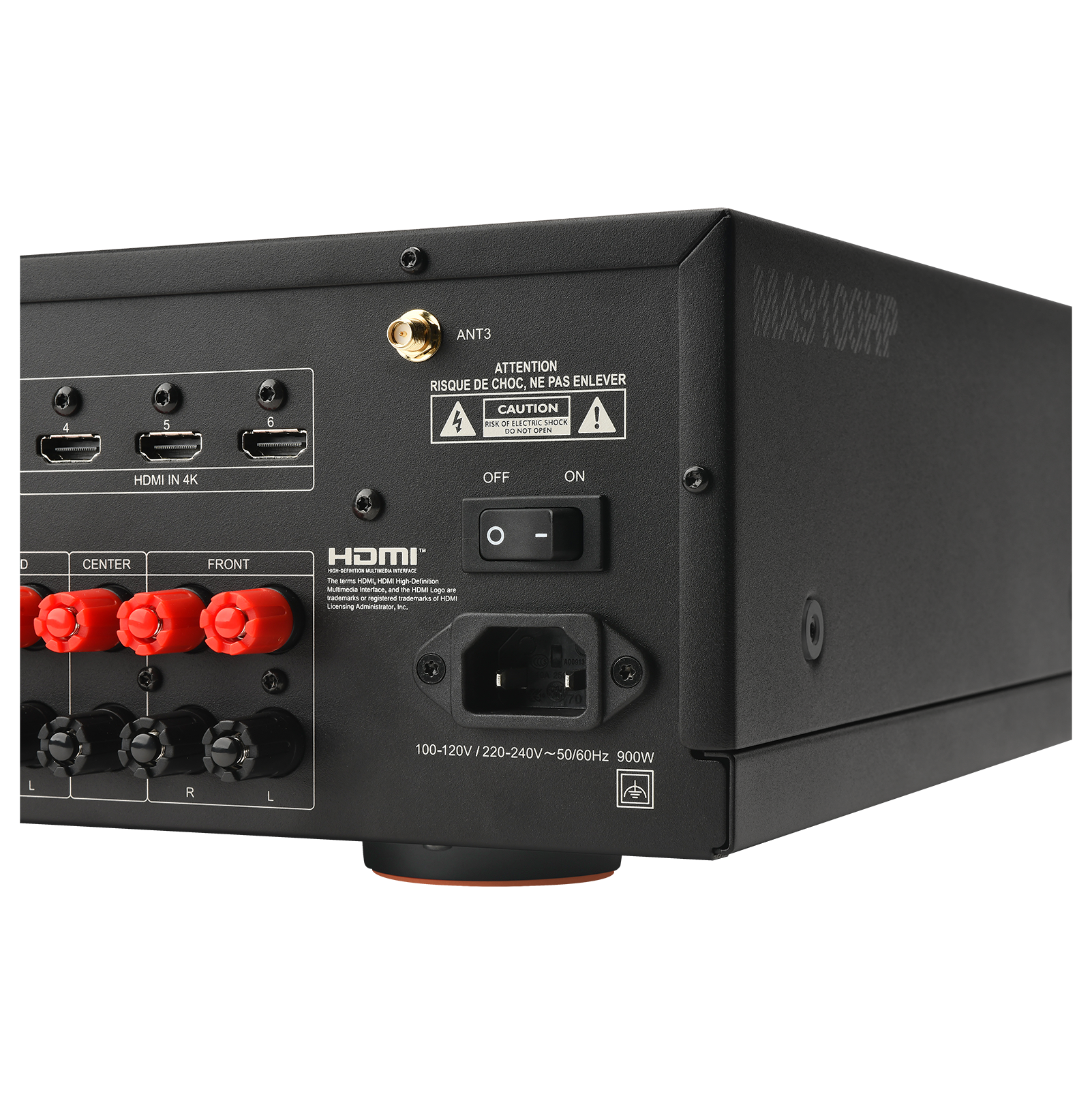 The text on the image reads: "4 5 d ANT3 ATTENTION RISQUE DE CHOC, NE PAS ENLEVER CAUTION MO . ELBETRIC Soe! M2 - WAOYOOHP HDMI IN 4K OFF ON D CENTER FRONT HDMI - - - T - M TM - - utmat C - - - - - - - - - - - - - - - - - - - - - - - - - - - - - - - - - - - - - - - - - - - - - - - - - - - - - - - - - - - - - - - - - - - - - - - - - - - - - - - - - - - - - - - - - - - - - - - - - - - - - - - - - - - - - - - - - - - - - - - - - - - - - - - - - - - - - - - - - - - - - - - - - - - - - - - - - - - - - - - - - - - - - - - - - - - - - - - - - - - - - - - - - - - - - - - - - - - - - - - - - - - - - - - - - - - - - - - - - - - - - - - - - - - - - - - - - - - - - - - - - - - - - - - - - - - - - - - - - - - - - - - - - - - - - - - - - - - - - - - - - - - - - - - - - - - - - - - - - - - - - - - - - - - - - - - - - - - - - - - - - - - - - - - - - - - - - - - - - - - - - - - - - - - - - - - - - - - - - - - - - - - - - - - - - - - - - - - - - - - - - - - - - - - - - - - - - - - - - - - - - - - - - - - - - - - - - - - - - - - - - - - - - -