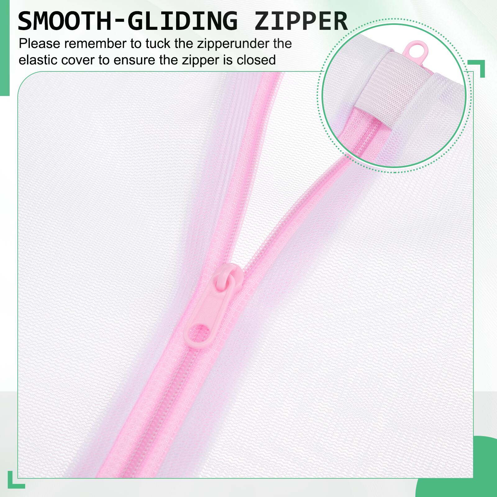 SMOOTH-GLIDING ZIPPER

Please remember to tuck the zipper under the elastic cover to ensure the zipper is closed