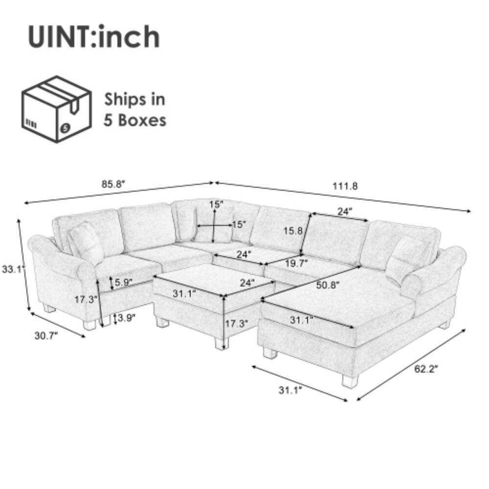 UNIT: inch  
Ships in 5 Boxes  
85.8"  
111.8"  
15"  
15"  
15.8"  
24"  
33.1"  
30.7"  
17.3"  
5.9"  
13.9"  
31.1"  
24"  
24"  
17.3"  
19.7"  
50.8"  
31.1"  
62.2"
