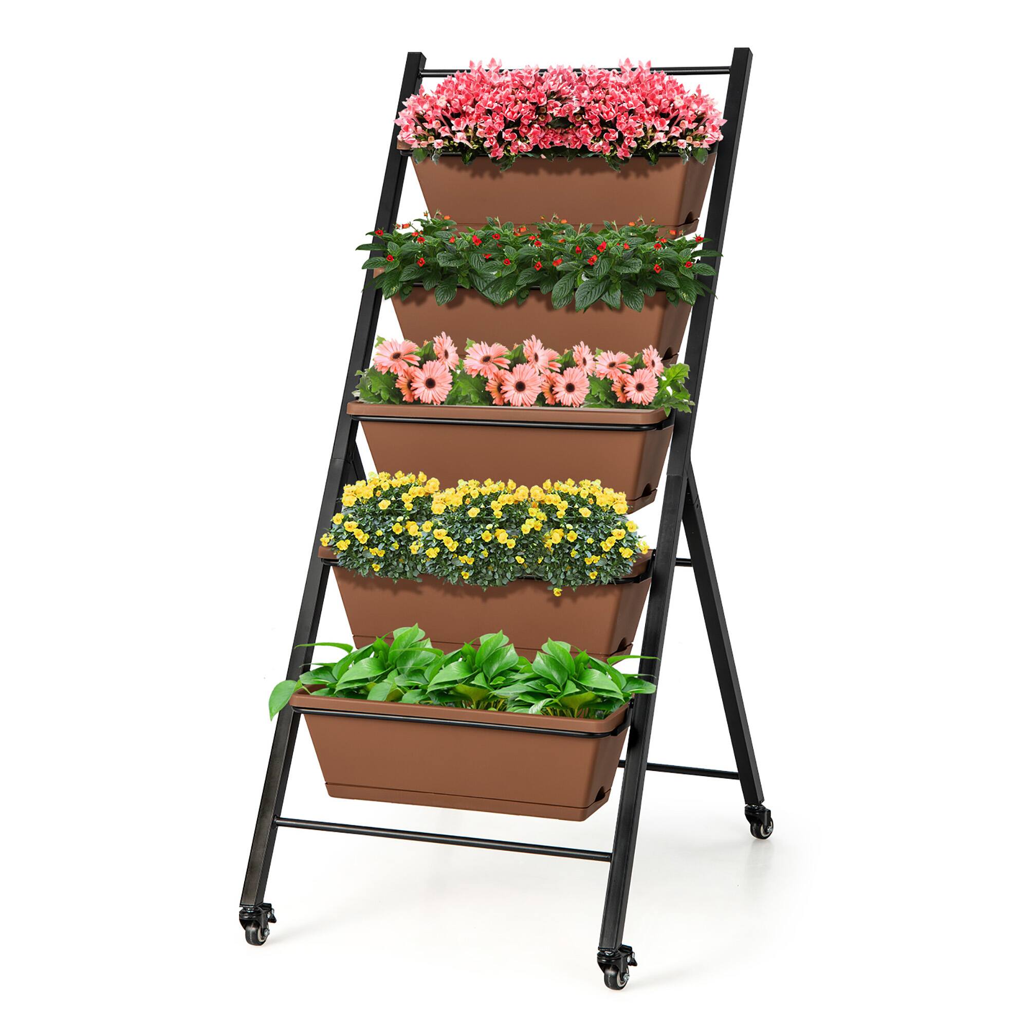 Alt View 1. Costway - 5-Tier Vertical Raised Garden Bed Elevated Planter with Wheels & Container Boxes - Brown.