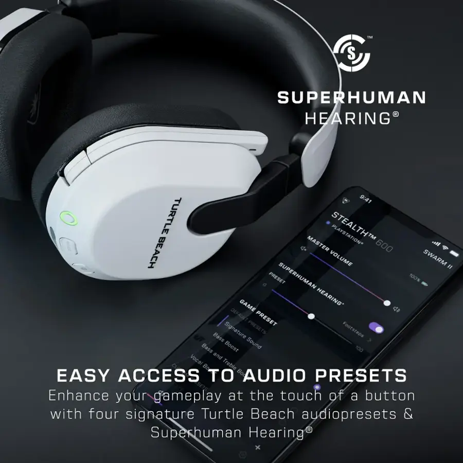 SUPERHUMAN HEARING: Easy Access to Audio Presets

Enhance your gameplay at the touch of a button with four signature Turtle Beach audiopresets and Superhuman Hearing.

Superhuman Hearing:
- Turtle Beach Audio Presets:
- Footstaps
- Bass Boost
- Vocal and Boost Treble
- Easy Access to Audio Presets
- Signature Presets
- Presets for PlayStation 202 Master 600 oll Beach Volleyball