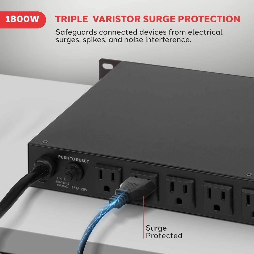 1800W TRIPLE VARISTOR SURGE PROTECTION  
Safeguards connected devices from electrical surges, spikes, and noise interference.  

PUSH TO RESET  
LINE A  
110V-60HZ  
15A MAX  
15A/120V  
Surge Protected