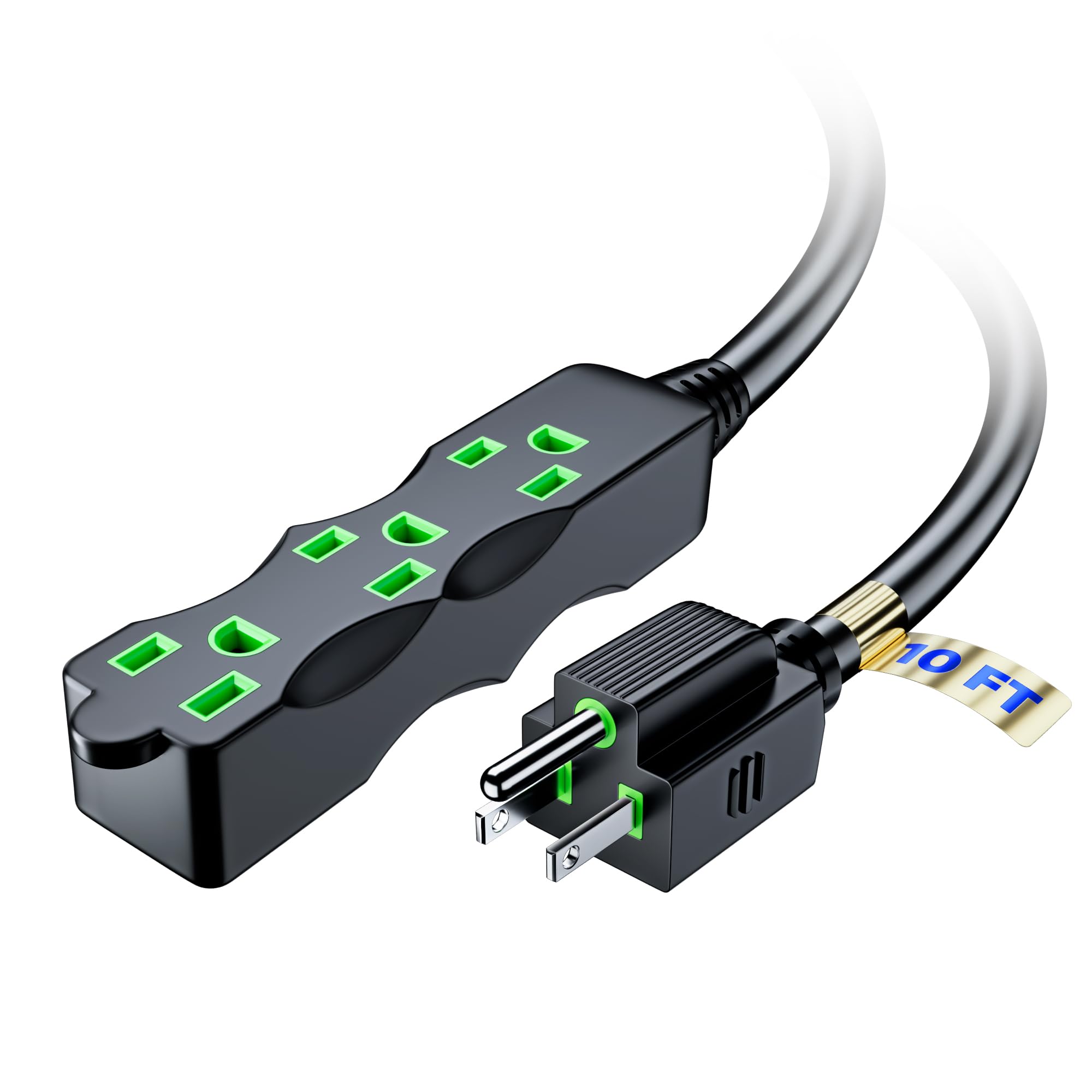 Front. Maximm - Extension Cord with 3 Outlets, 125V, 3 Prong Extension Cord, ETL Listed, 10ft - BLACK green.