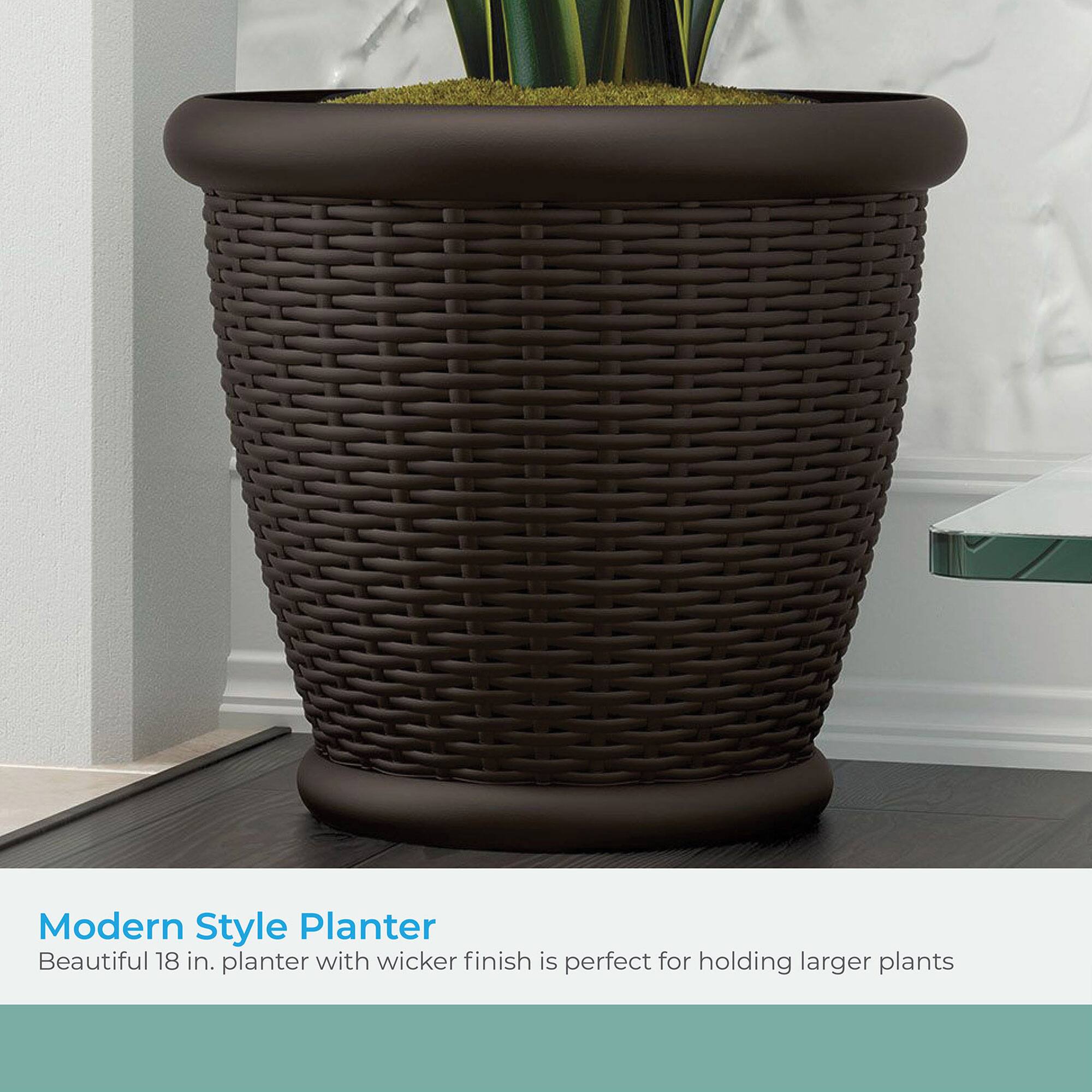 Modern Style Planter  
Beautiful 18 in. planter with wicker finish is perfect for holding larger plants