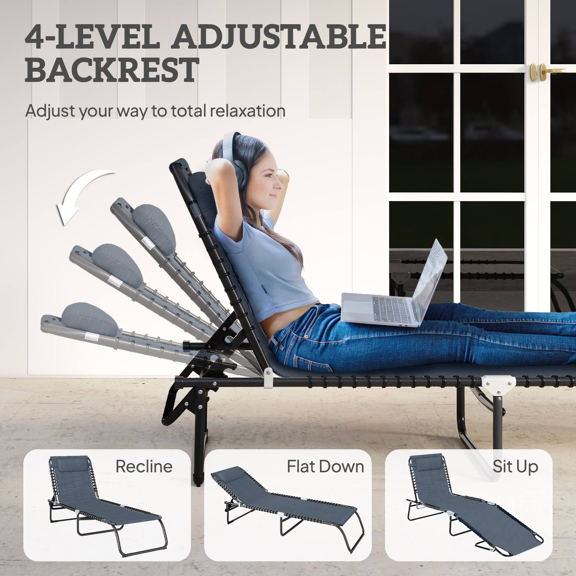 4-LEVEL ADJUSTABLE BACKREST  
Adjust your way to total relaxation  

Recline  
Flat Down  
Sit Up