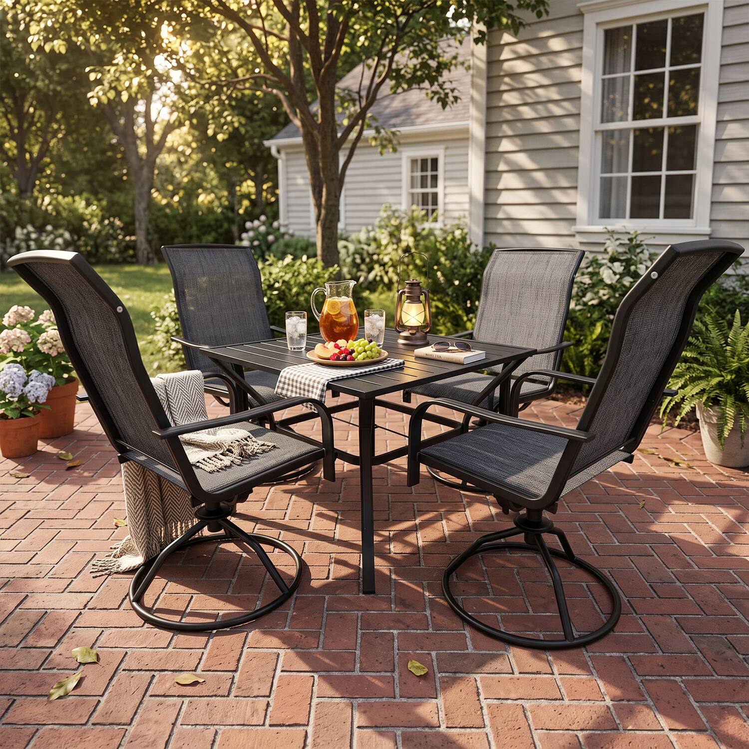 Angle. Yardgrace - 2-Piece Patio Swivel Rocking Dining Chairs High-Back Textilene Metal All-Weather Lawn Porch Garden - Grey.