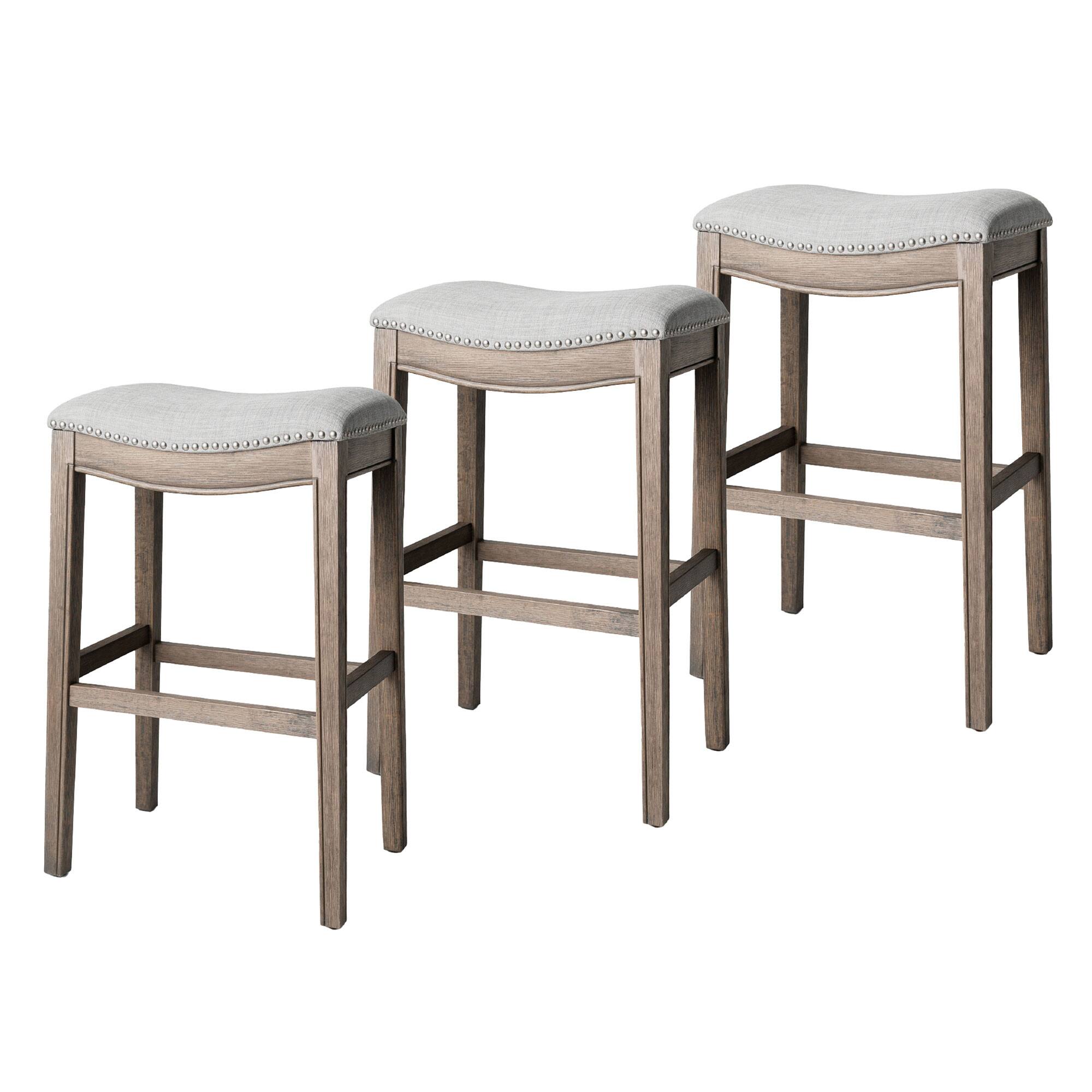 Maven Lane - Adrien Saddle Bar Stool Finish with Ash Grey Fabric Upholstery, Set of 3 - Reclaimed Oak