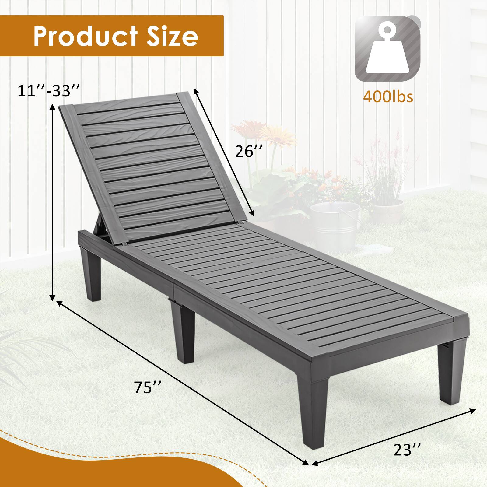 Product Size: 11"-33" x 26" x 75" x 23"  
Weight Capacity: 400lbs