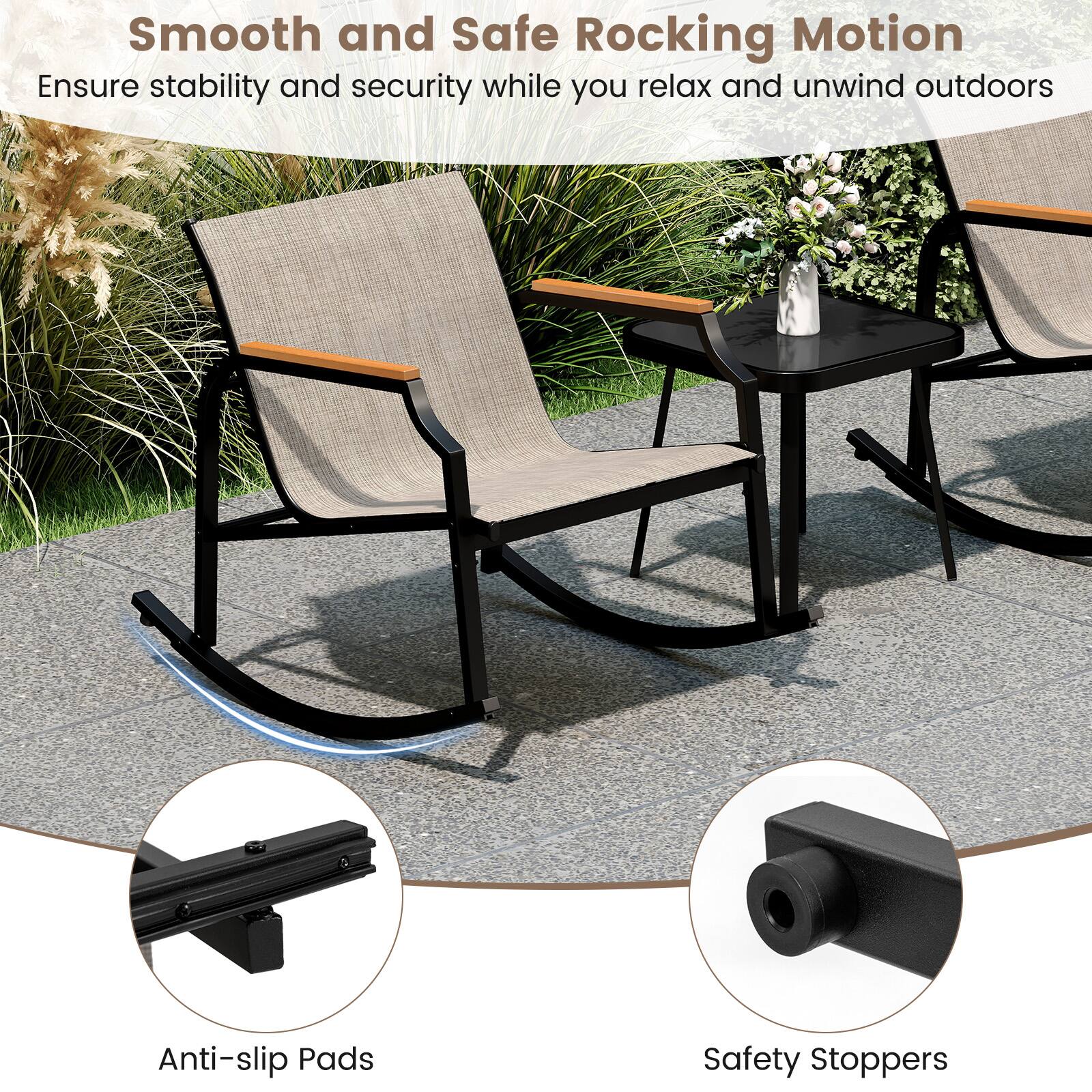Smooth and Safe Rocking Motion

Ensure stability and security while you relax and unwind outdoors

Anti-slip Pads

Safety Stoppers