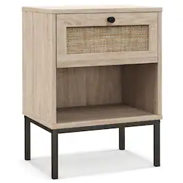SlickBlue - Rattan Nightstand with Storage Drawer and Open Shelf – Boho Bedside Table for Home - Oak
