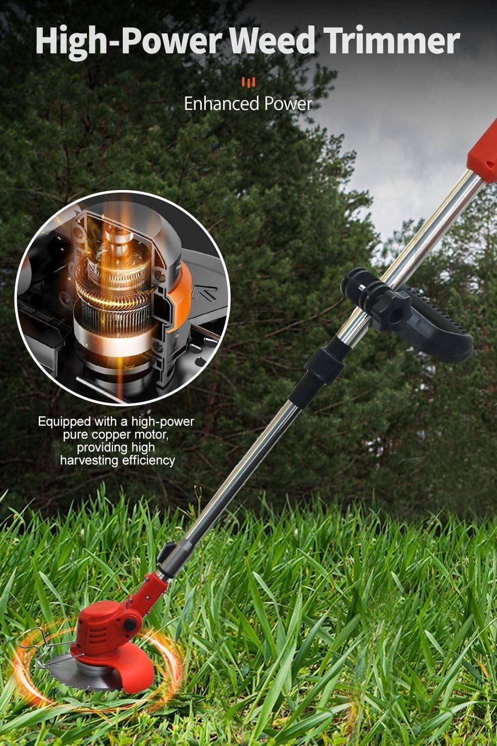 High-Power Weed Trimmer

Enhanced Power

Equipped with a high-power pure copper motor, providing high harvesting efficiency