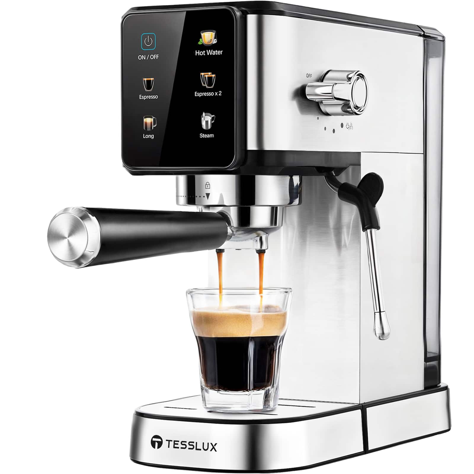 tesslux - 20Bar Espresso Machine with Dual Boiler, LCD Touch Control & Milk Frother, Compact, Cappuccino, Latte - Sliver