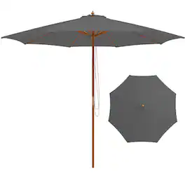 Gymax - 10FT Wooden Market Table Umbrella Pulley Sunshade Canopy w/8 Bamboo Ribs - Gray