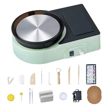 Front. VEVOR - Mini Pottery Wheel,6inch Turntable,Forward and Reverse Rotation,Adjustable Speed,Electric Clay Wheel for Kids and Adults - Green.