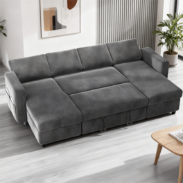 Dyonery - 105-inch four-seat pull-out bed with storage space and side pockets, adjustable backrest, convertible sofa bed - Gray
