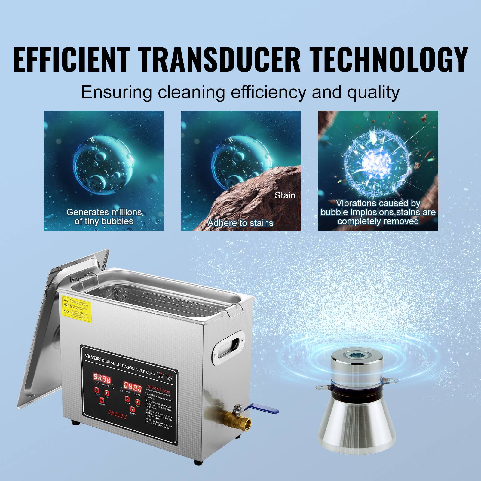 EFFICIENT TRANSDUCER TECHNOLOGY

Ensuring cleaning efficiency and quality

Generates millions of tiny bubbles

Stain

Adhere to stains

Vibrations caused by bubble implosions, stains are completely removed

VEVOR DIGITAL ULTRASONIC CLEANER

ACMONITOR

DIGITAL PAC