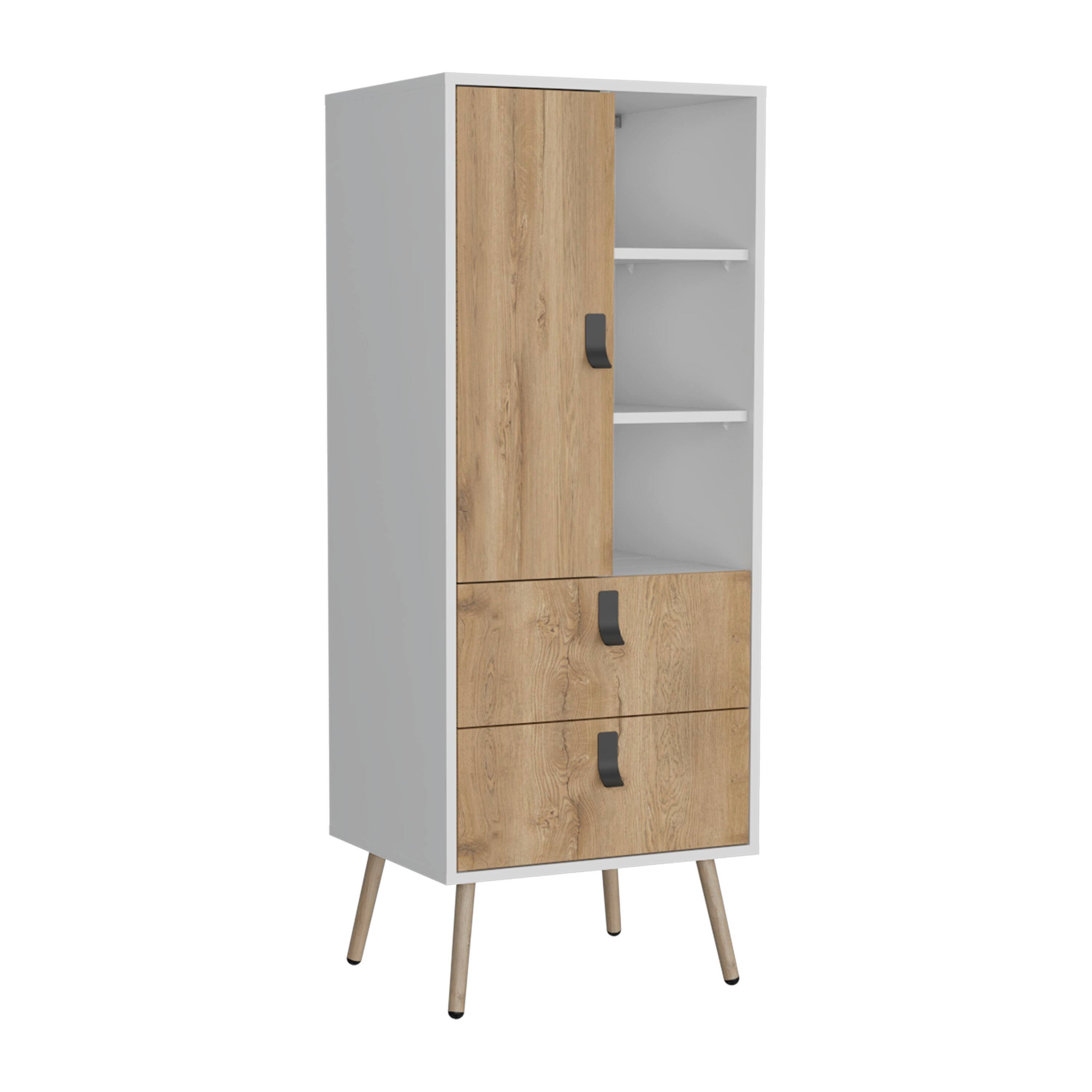 Alt View 1. TuHome - Huna Tall Dresser, Unit With Door, 2 Drawers, And Open Shelves - White / Macadamia.