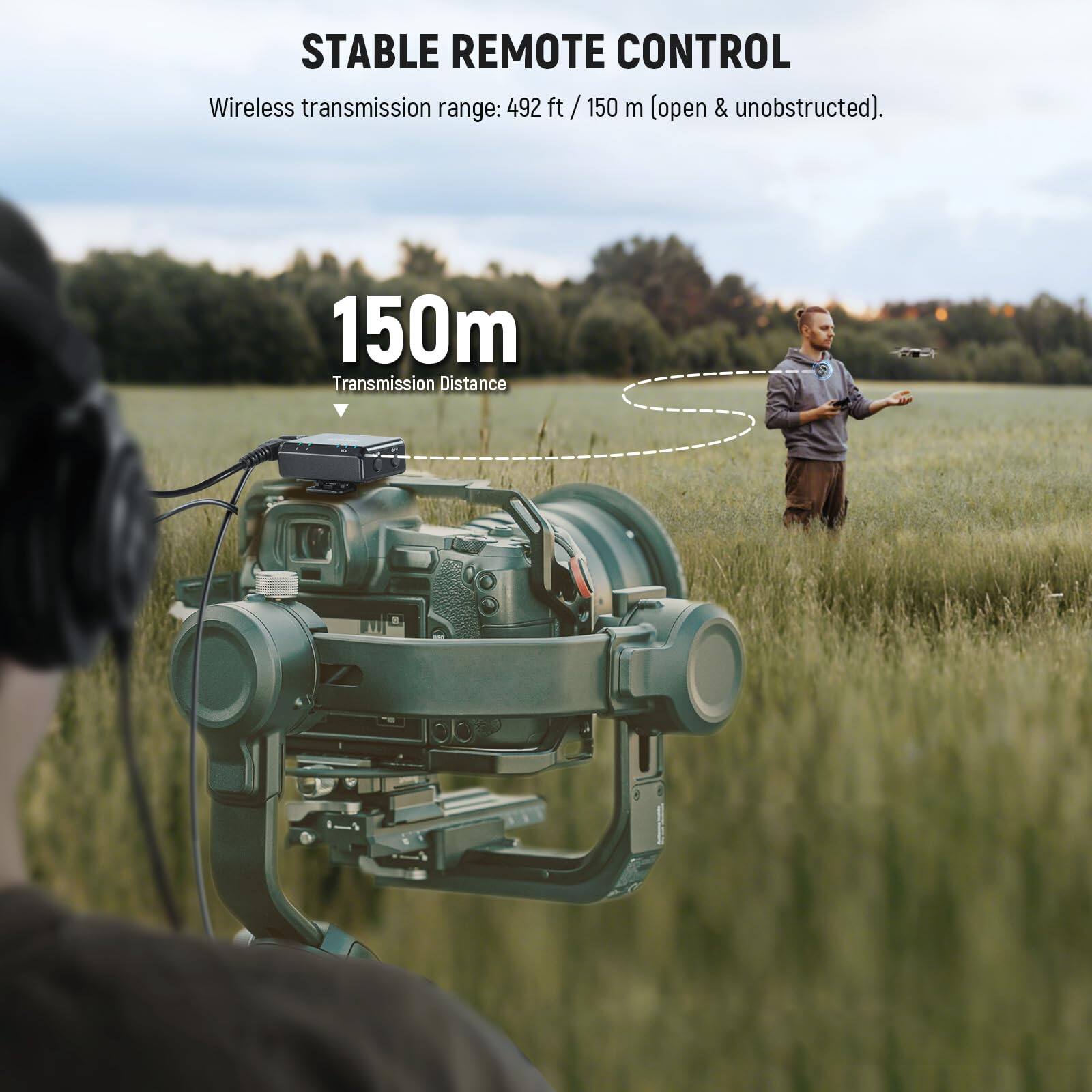STABLE REMOTE CONTROL  
Wireless transmission range: 492 ft / 150 m (open & unobstructed).  
150m Transmission Distance