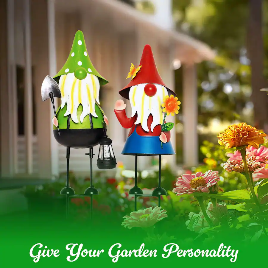 G128 Solar Gnome Garden Statues Set of 2 for Outdoor Decor green, red ...