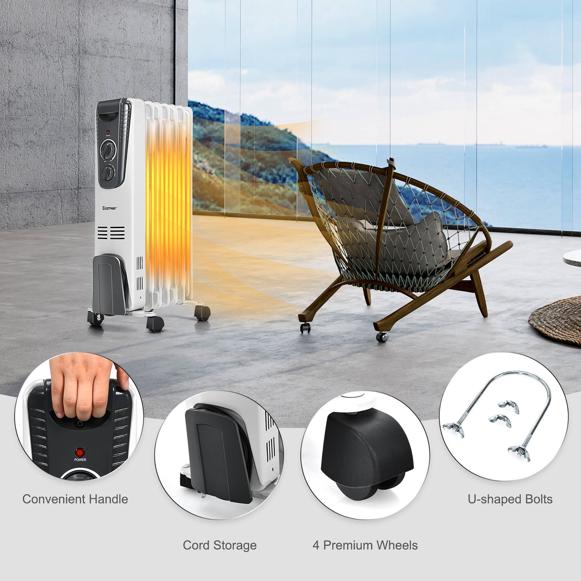 Convenient Handle  
Cord Storage  
4 Premium Wheels  
U-shaped Bolts