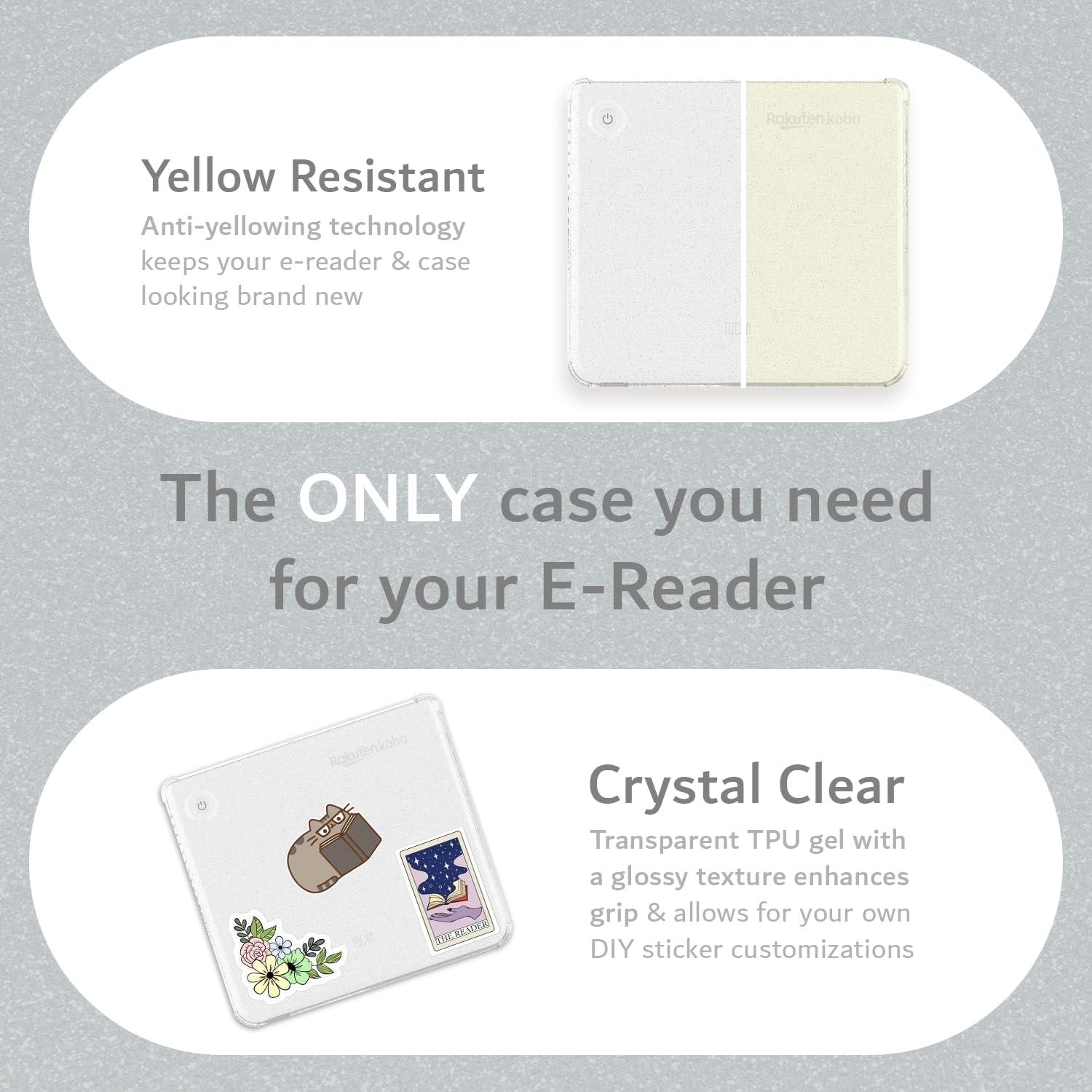 Rakutenkobo Yellow Resistant Anti-yellowing technology keeps your e-reader & case looking brand new. The ONLY case you need for your E-Reader. Rakutenkobo THERENEEK Crystal Clear Transparent TPU gel with a glossy texture enhances grip & allows for your own DIY sticker customizations.