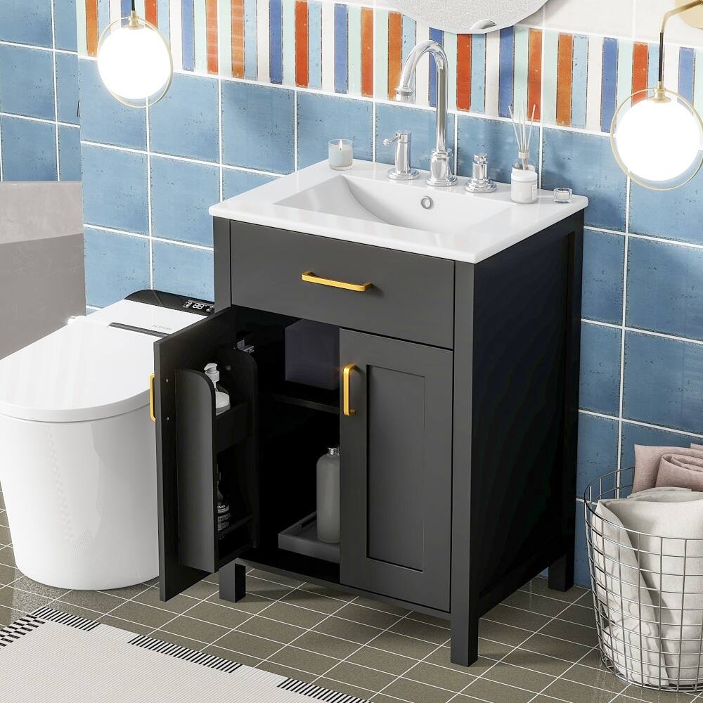 Left. Loheer - Loheer 24 inch bathroom vanity combo Black Solid Wood Freestanding Cabinet with Ceramic Sink - Black.