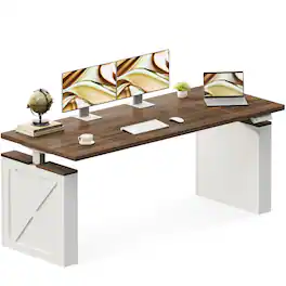 OffiGo - Farmhouse Electric Standing Desk with Decorative Legs, Sit-Stand Workstation for Home Office - Walnut/White