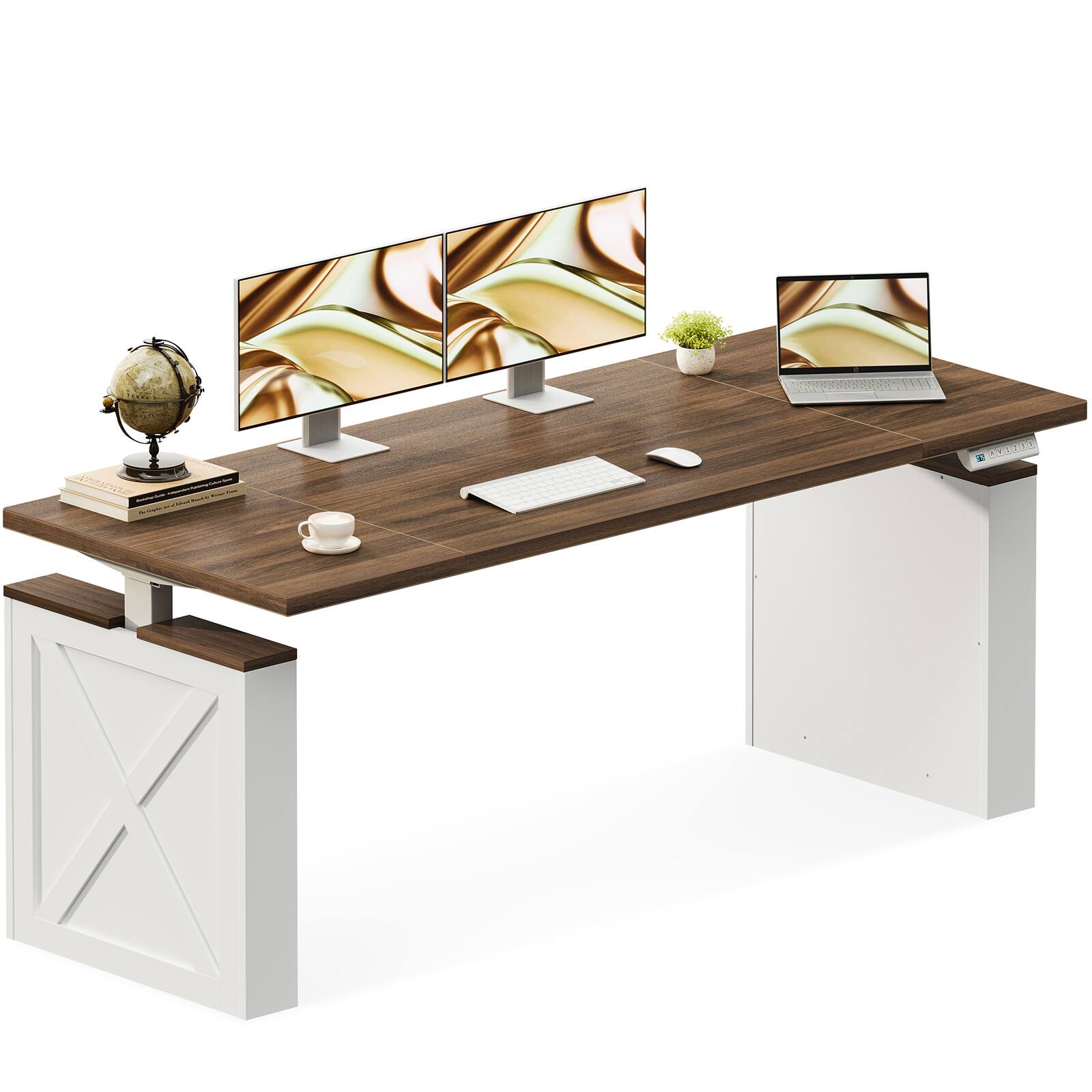 Front. OffiGo - Farmhouse Electric Standing Desk with Decorative Legs, Sit-Stand Workstation for Home Office - Walnut/White.
